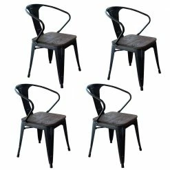 Outlet 🎁 AmeriHome 4 Piece Loft Black Metal Dining Chair Set With Wood Seat 😀