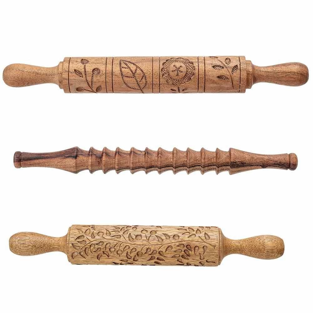 Brand new 😉 Bloomingville Hand-Carved Wood Rolling Pin - 3 Styles 👍 3 Brand new 😉 Bloomingville Hand-Carved Wood Rolling Pin - 3 Styles 👍